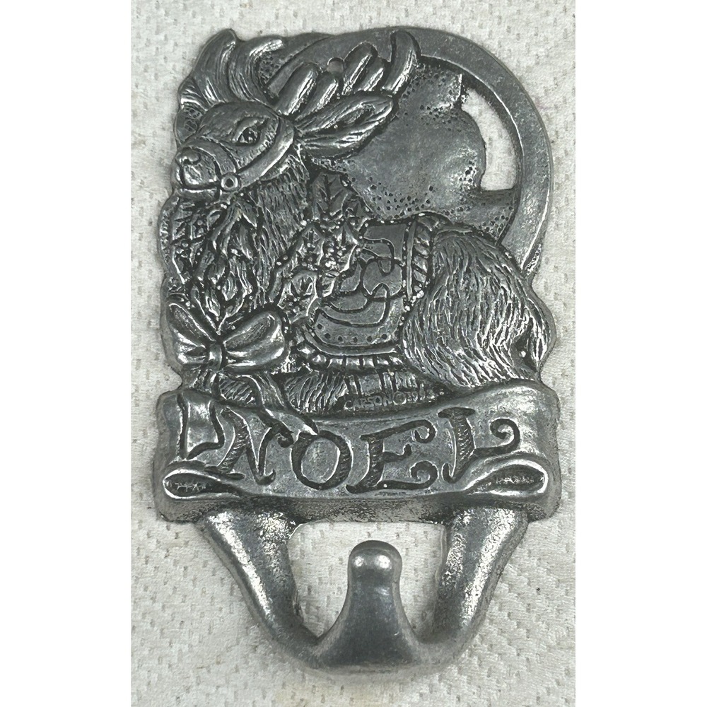 Vintage Carson 1993‎ Pewter Wall Hook Hanger "NOEL" Moose Christmas Holly Bow